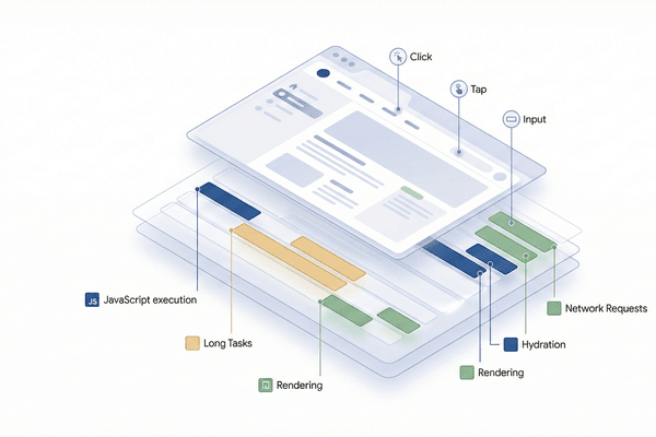 Distributed tracing visualization showing browser execution timeline with spans for JavaScript, rendering, and network requests